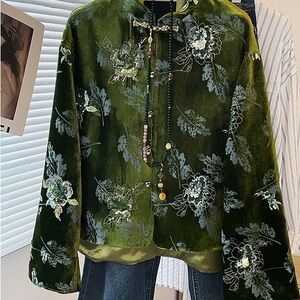 New Chinese Style Luxury Women Velvet Bead Embroidered Top Nail Bead Short Coat